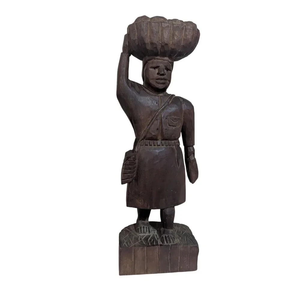 Vintage 1960s Hand Carved‎ Gum Wood Statue Market Woman Basket Head Folk Art